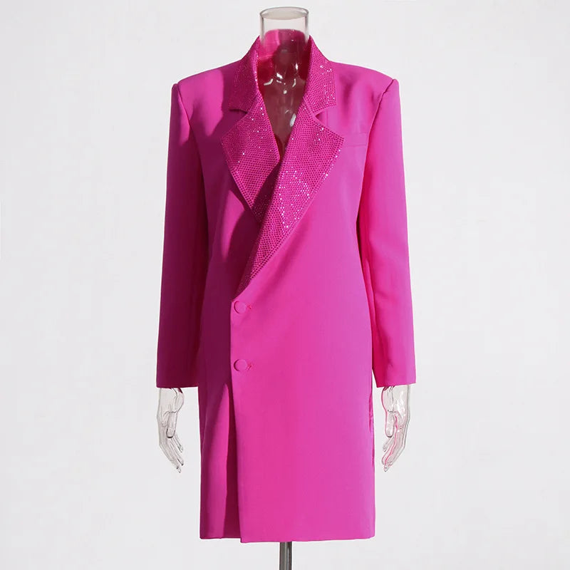 Spring Autumn New Women Long Blazer Solid Color Studded Diamonds Single Breasted Elegant Chic Ins Party Trench Coat HK16277