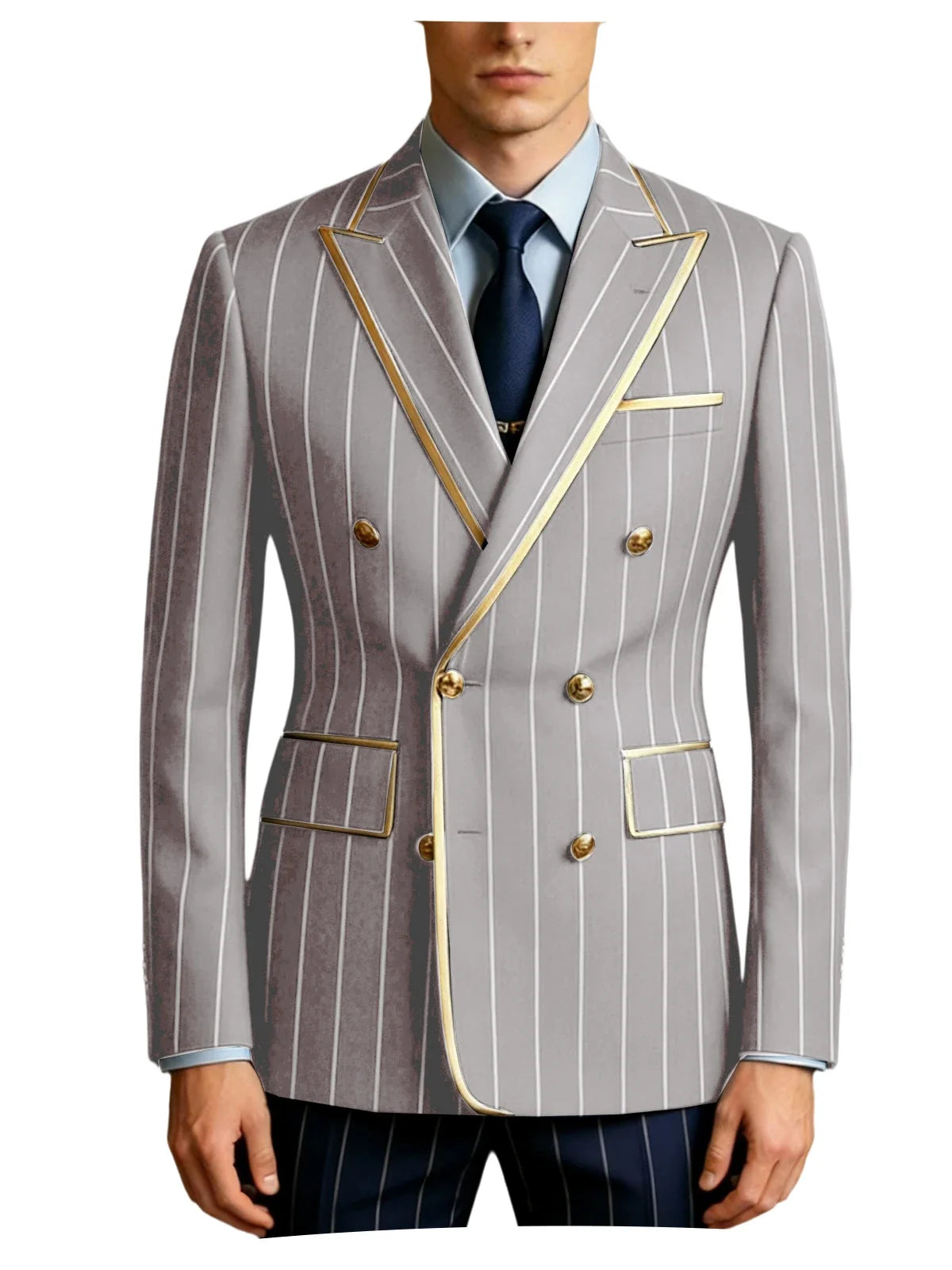 Men's Pinstripe Blazer Double Breasted Gold Trim Slim Fit Suit Jacket Peak Lapel Business Formal Tuxedo Coat for Wedding Prom