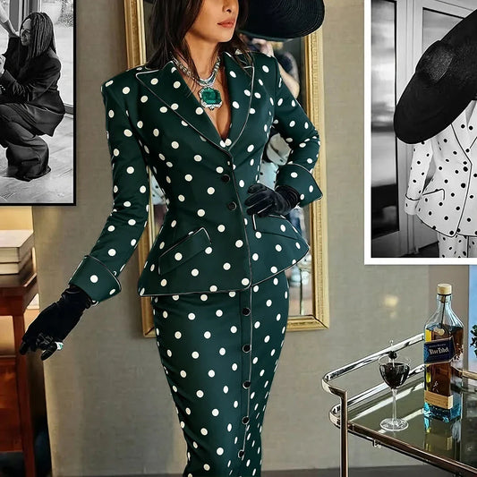 Elegant Polka Dot Woman Clothes Professional Two Piece (Jacket+Skirt) Set for Retro Formal Party Cocktail Evening Streetwear
