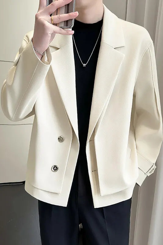 2025 Spring New Fake Two Piece Suit Collar Jacket Men Korean Trend Casual Business Blazers Loose Street Wear Social Jacket