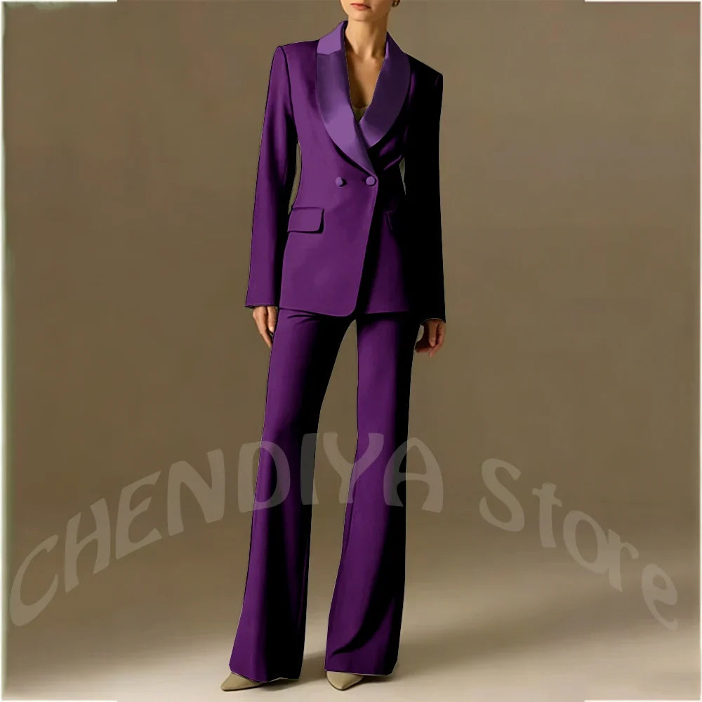 Classic Shawl Lapel Suit For Women Elegant Double Breasted Outfit Solid Color Two Piece Straight Modern Style Office Wear