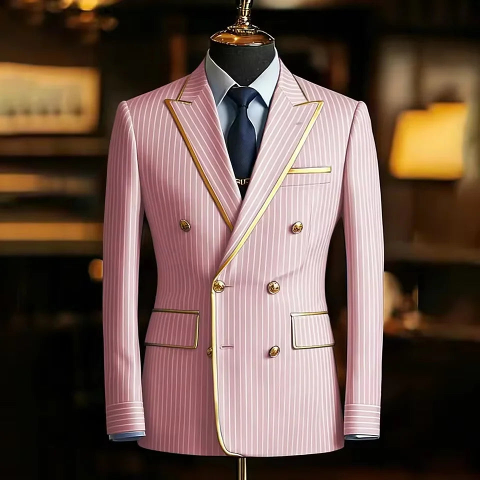 Pinstripe Double Breasted Peak Lapel Mens Suit Jacket Business Slim Fit Gold Trim Striped Coat Formal Wedding Prom Banquet Party