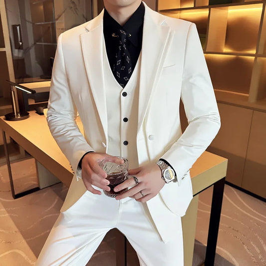 2025 Double Breasted Design Suit Men Korean Slim 3 Piece Set Suit Vest Trousers Wedding Groom Office Party Business Casual Suits