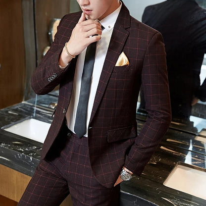 Men's Suit Two-Piece Set – Casual Plaid Single-Breasted Slim Fit for Wedding & Business