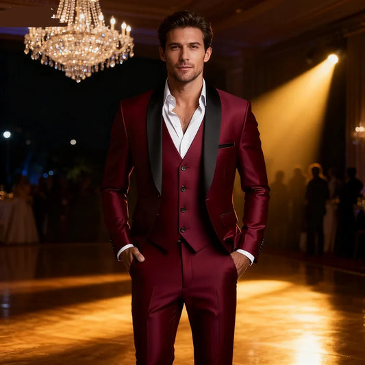 Men's Burgundy Slim Fit Three Piece Suit Set Large Size Autumn Wedding Party Blazer Pant Vest Fashion Male Outfit