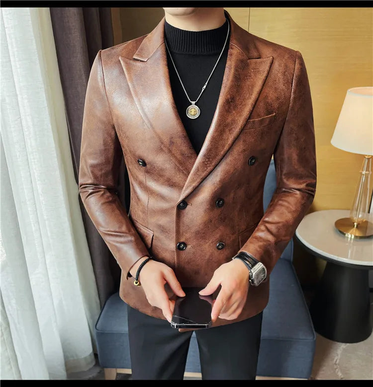 Brand Retro Leather Suit Jacket Men British Style Double Breasted Casual Business Blazers Wedding Groom Party Banquet Jackets