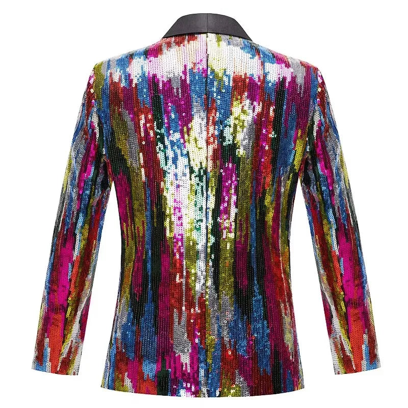 Men's Shiny Sequin Blazer Jacket Stripes Shawl Collar Slim Tuxedo Fashionable Evening Stage Performances Ideal Singers And Hosts