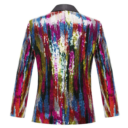 Men's Shiny Sequin Blazer Jacket Stripes Shawl Collar Slim Tuxedo Fashionable Evening Stage Performances Ideal Singers And Hosts