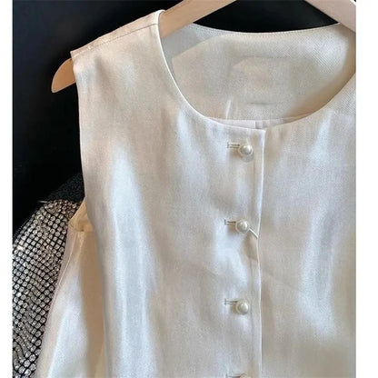 Spring Lady Lotus Leaf Edge Sleeveless T-shirt Summer Women Fashion Patchwork Waistcoat French Femme Round Neck Pearl Satin Vest