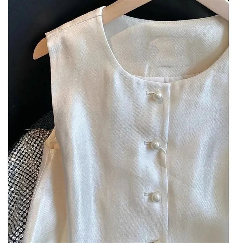 Spring Lady Lotus Leaf Edge Sleeveless T-shirt Summer Women Fashion Patchwork Waistcoat French Femme Round Neck Pearl Satin Vest