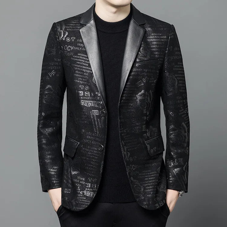 Men's Sheepskin Leather Blazer Single Breasted Winter Moto Jacket
