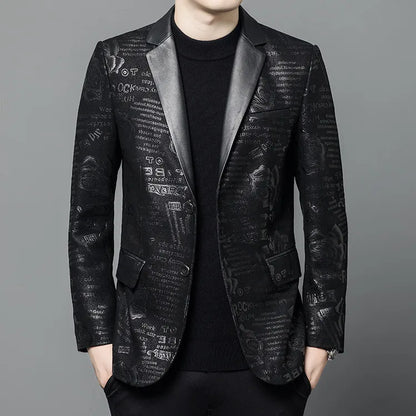 Men's Sheepskin Leather Blazer Single Breasted Winter Moto Jacket