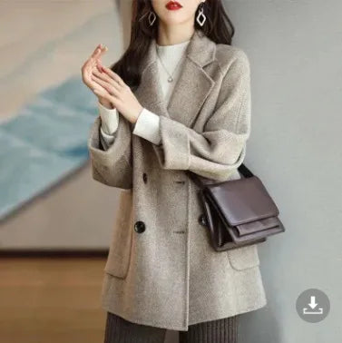 Women's Slim Fit Blazer Autumn Mid-Length Lapel Coat Contrast Cuff Detail Elegant Office & Commute Outerwear