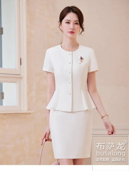 2025Summer Blue Short Sleeve Blazer Suit Professional Women's Skirt Set Short Skirt Elegant Fashion Formal Workwear
