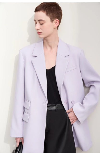 Blazers For Women 2026 Autumn New Black Jacket Notched Double Buckle Loose Mid-length Office Lady Versatile Jackets12453040