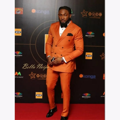 Élégant Costume Homme 2 Pièces Tendance Orange Foncé Affaires/Mariage Homme Tuxedo Revers Cranté Veste Croisée Pantalon Ensemble