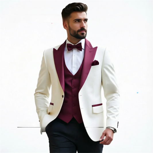 Custom Made Ivory burgundy Black Suits 2026 Elegant Style Wedding Tuxedos Groom Suits Groomsmen 3 Pieces Set 2 Vents