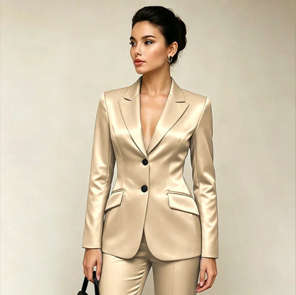 Professional Women’s Black Satin Suit Two Piece (Jacket+Pants) Set for Elegant Formal Party Office Streetwear Fashion Outfit