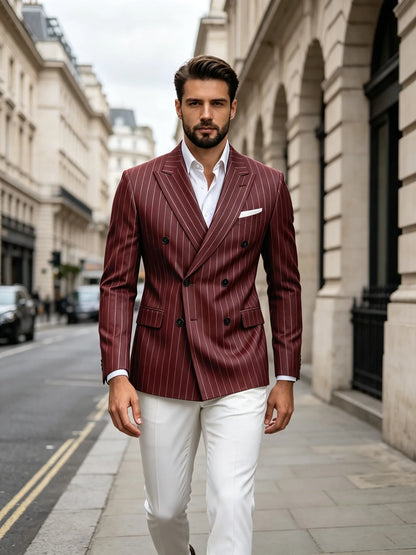 Men Striped Double Breasted Suit Jacket Notch Lapel Business Slim Fit Formal Blazer Elegant Lightweight Dress Coat For Prom Work