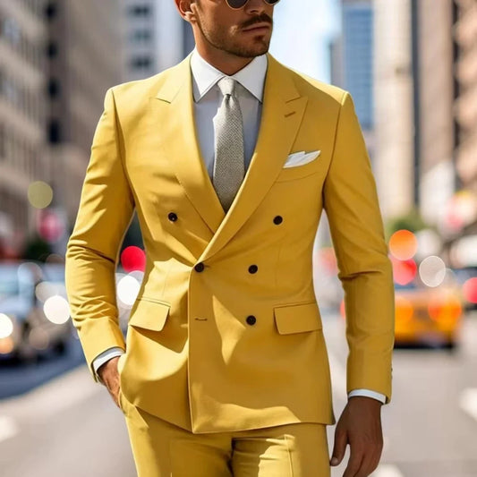 Yellow Double Breasted Men Suits 2 Pieces Wedding Tuxedo Slim Fit Formal Blazer Pants Set for Groom Prom Party Male Suit 2026