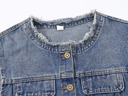 Women Denim Vest Coat Rough O Neck Vintage Short Sleeveless Jacket Female Cowboy Waistcoat Casual Tops Chaleco Mujer Outerwear