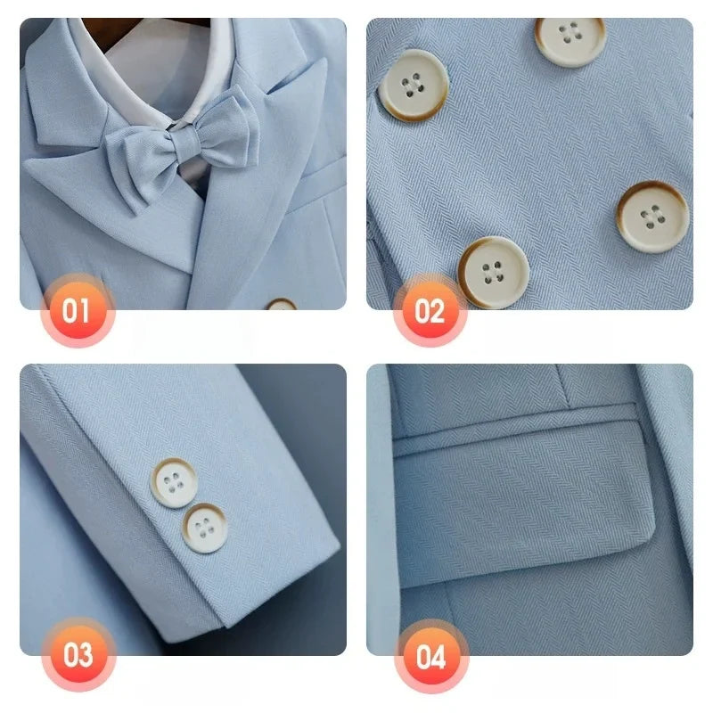 Flower Boys Wedding Outfit Kids Spring Autumn Jacket Vest Pants Bowtie Brooch 5Pieces Suit Set Children's Performance Costume