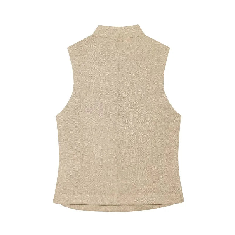 Button Up Vest Tops For Women Sleeveless Office Wear Khaki Crop Black Top Slim Fit Casual Waistcoat Top Zip Up Women’s Tops