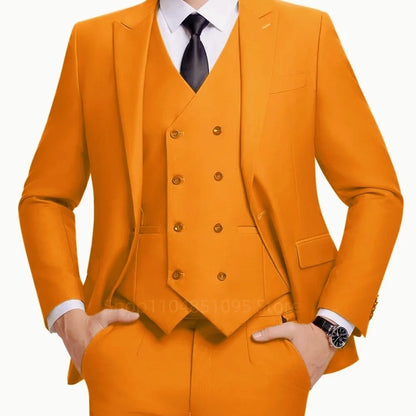 Men's Linen 3-Piece Slim Fit Suit – Blue & Beige | Peak Lapel