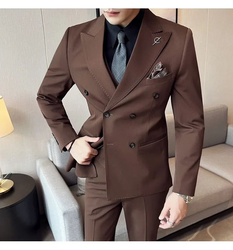 (Jackets +Pants ) Men's Suits 2 Piece High-Quality Double Breasted Lapel Solid Business Groom Wedding Tuxedo Banquet Clothing