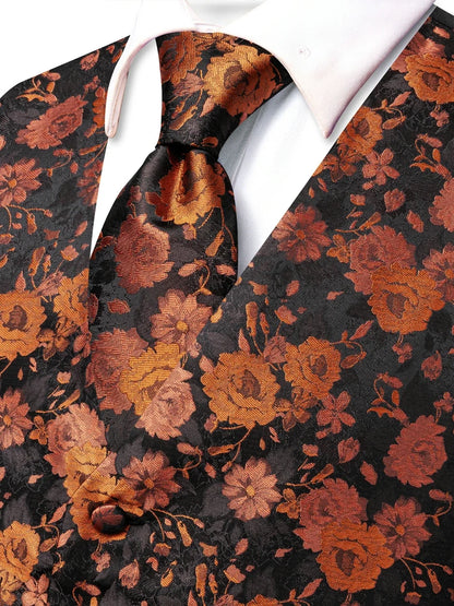 Men's Waistcoat Set Jacquard Floral Black Yellow Formal Wedding Tuxedo
