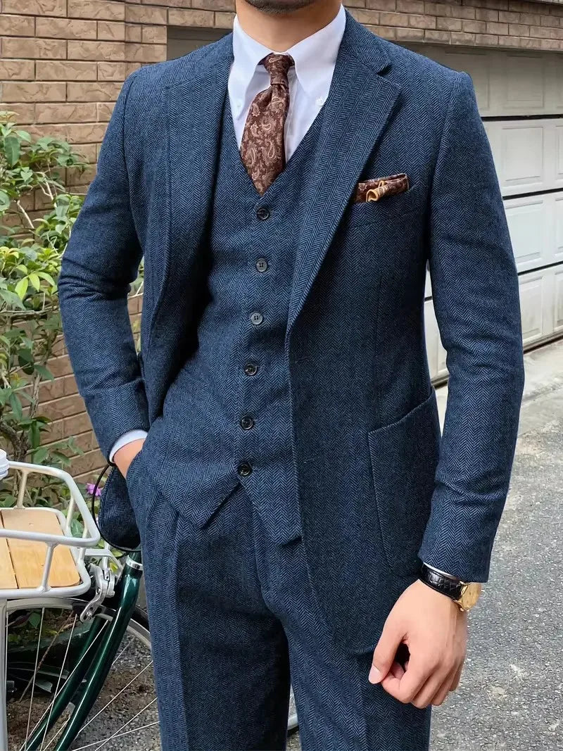 Navy Blue Mens Tweed Herringbone Wedding Suit Prom Tuxedos 3 Piece Notch Lapel Tweed for Business Slim Fit (Blazer+Vest+Pants)