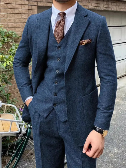 Navy Blue Mens Tweed Herringbone Wedding Suit Prom Tuxedos 3 Piece Notch Lapel Tweed for Business Slim Fit (Blazer+Vest+Pants)