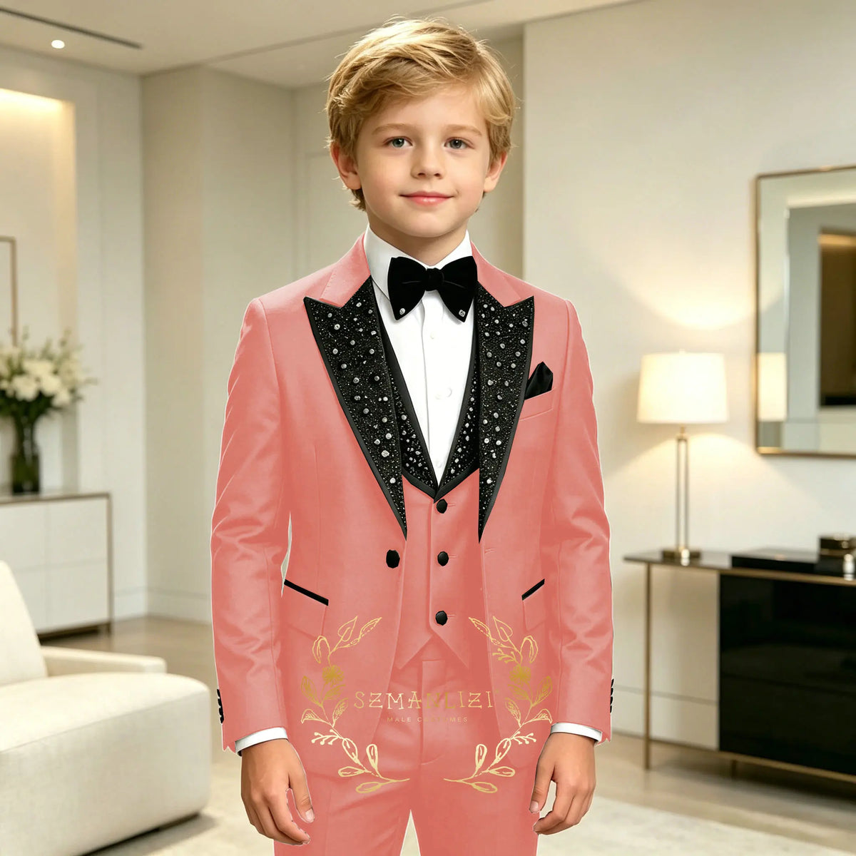 Classic Suits for Boys Black Crystals 3-Piece Fashion Stylish Boy's Tuxedo Formal For Party Outfit For Kids Blazer Vest Pant