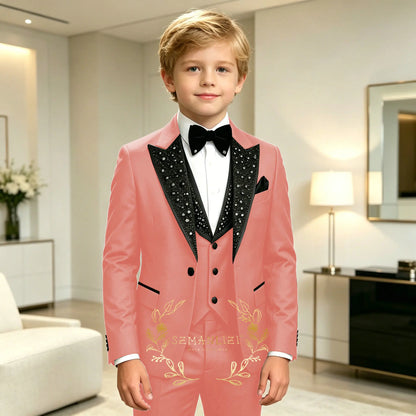 Classic Suits for Boys Black Crystals 3-Piece Fashion Stylish Boy's Tuxedo Formal For Party Outfit For Kids Blazer Vest Pant