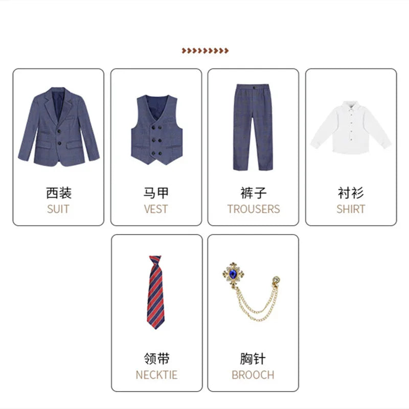 High Quality Boys Plaid Wedding Suits Kids Morning Coat Formal Dress Child Tuxedos Blazer Clothes Sets Toddler School Uniforms
