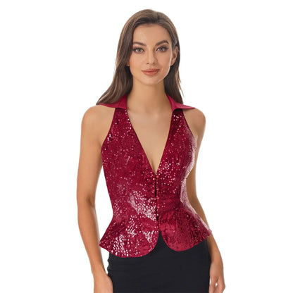 Women Shiny Sequin Vest Lapel Sleeveless Glitter Suits Waistcoat Top Rave Music Festival Jazz Dance Party Banquet Night Clubwear