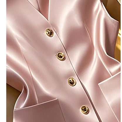 Elegant Pink Satin Waistcoat Vest For Women V‑neck Sleeveless Blazer Vest Pockets Slim Office Business Formal Lady Outerwear Top