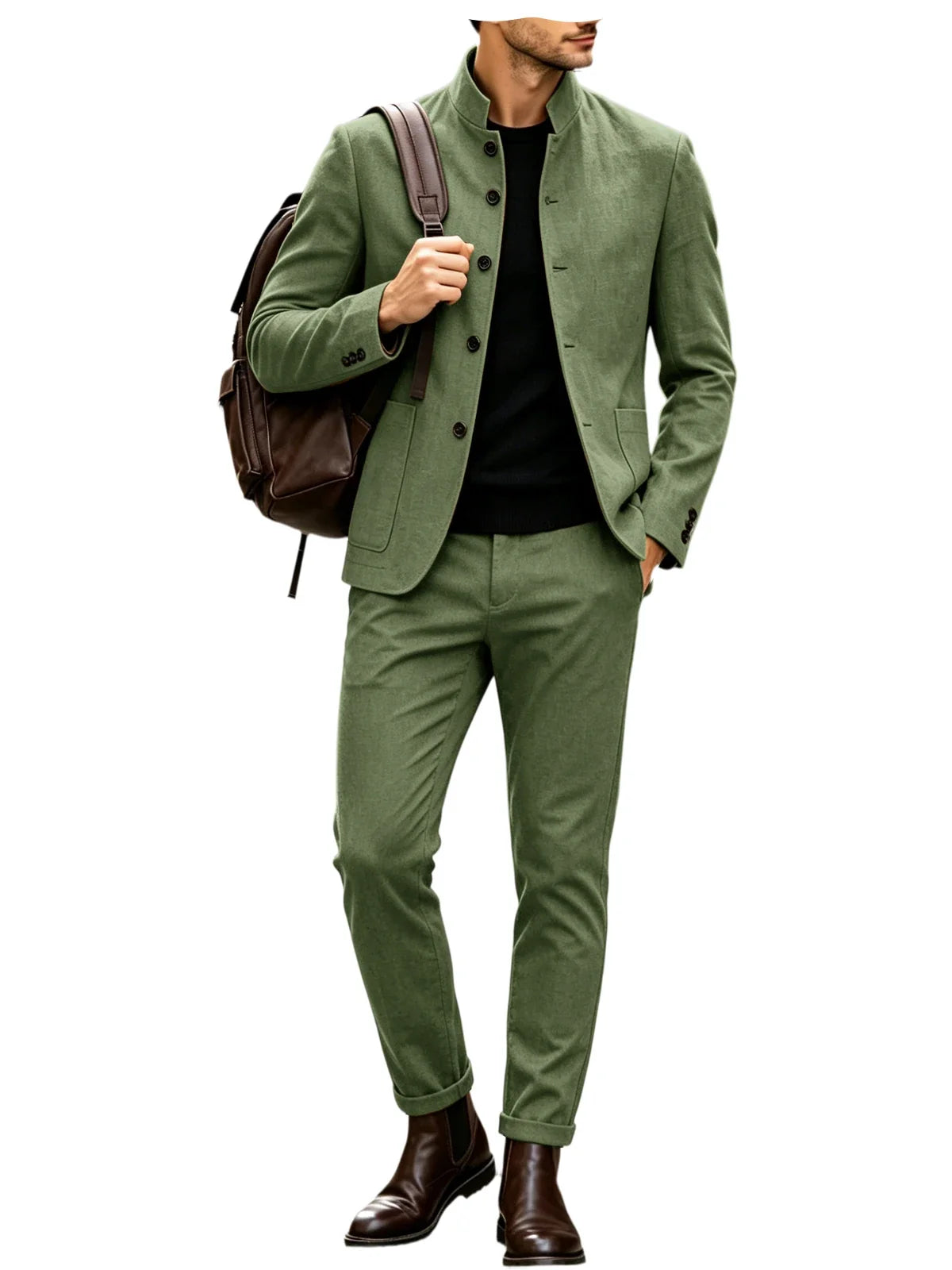 Men Stand Collar Linen Blazer Set Slim Fit 2 Pieces Jacket Pants Breathable Wrinkle‑Resistant Vintage Casual Business Outerwear