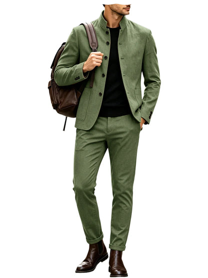 Men Stand Collar Linen Blazer Set Slim Fit 2 Pieces Jacket Pants Breathable Wrinkle‑Resistant Vintage Casual Business Outerwear