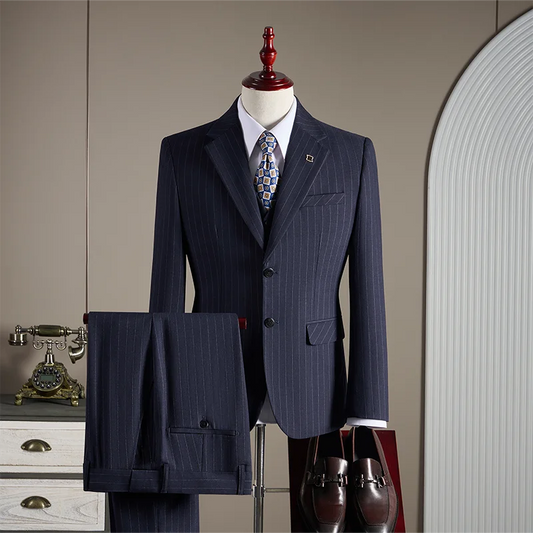 Men's Slim Fit Three-Piece Suit – Navy Blue & Black Wedding Business Formal