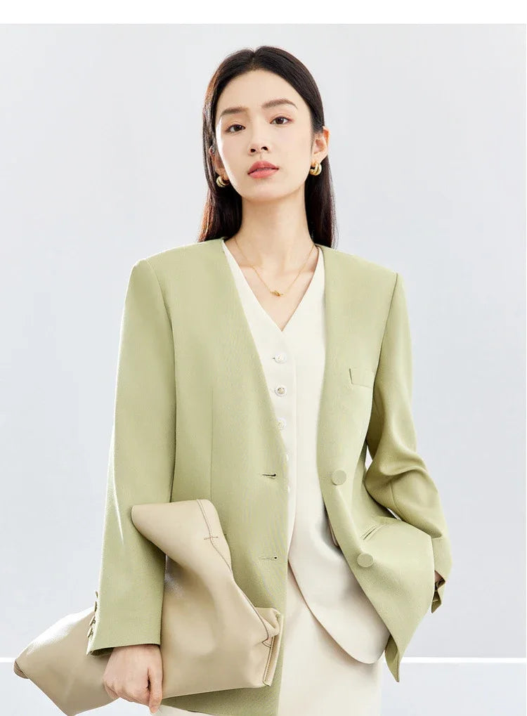 Women Blazer Khaki Green Suit Jacket 2026 Spring V Neck Office Lady Long Sleeve Outerwear Woman Clothes 141X52951