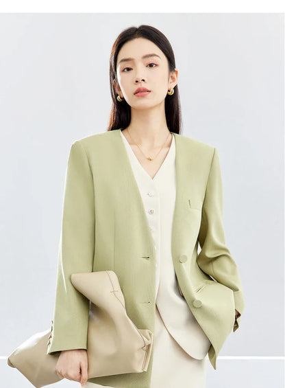 Women Blazer Khaki Green Suit Jacket 2026 Spring V Neck Office Lady Long Sleeve Outerwear Woman Clothes 141X52951