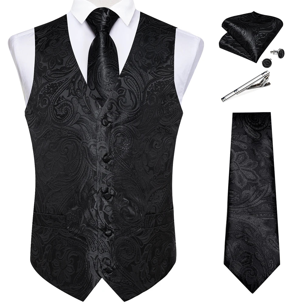 Men's Suit Vest Set with Tie, Handkerchief & Cufflinks for Wedding & Banquet