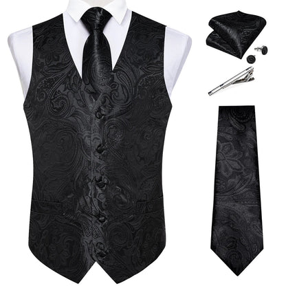 Men's Suit Vest Set with Tie, Handkerchief & Cufflinks for Wedding & Banquet