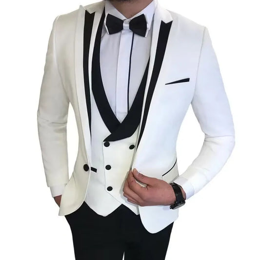 Men's Linen 3-Piece Slim Fit Suit – Blue & Beige | Peak Lapel Wedding Suit