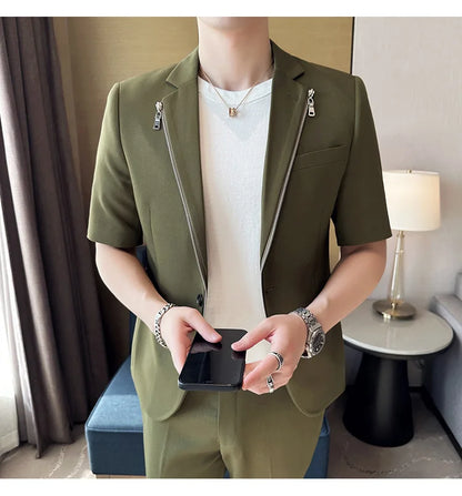 2023 Summer Zipper Decoration Blazers Men Casual Business Suit Jacket Slim Fit 3/4 Sleeve Streetwear Social Jacket Men Clothing