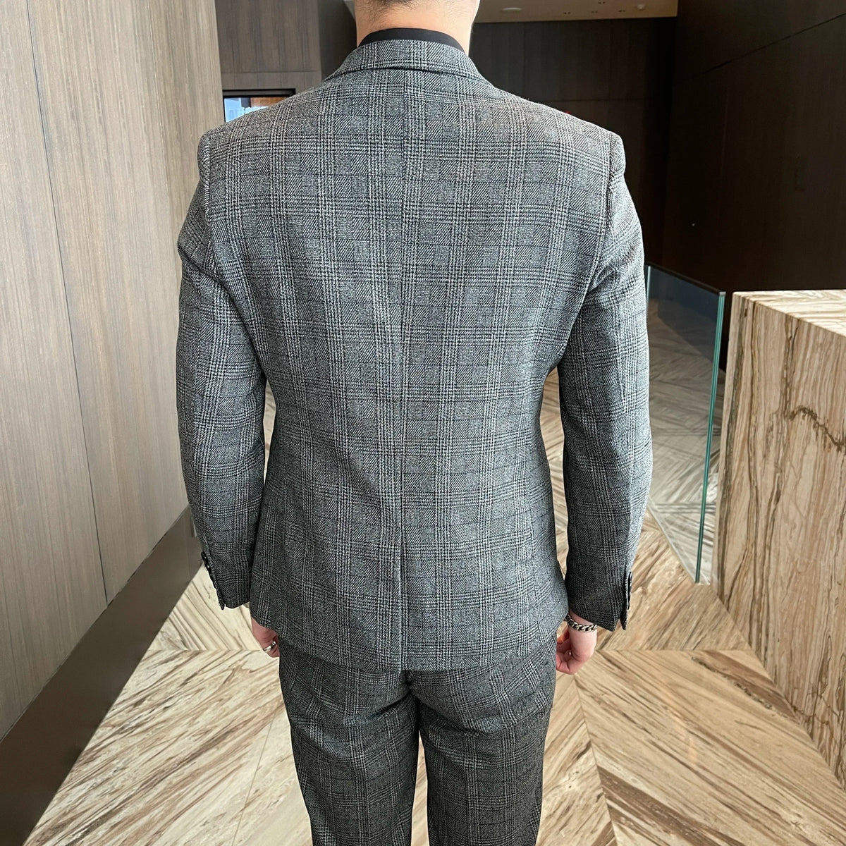 Ensemble costume trois pièces à carreaux modifié de haute qualité de style coréen britannique pour hommes - Gilet et pantalon de costume décontracté élégant