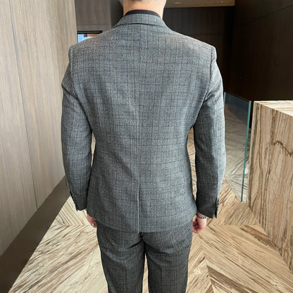 Ensemble costume trois pièces à carreaux modifié de haute qualité de style coréen britannique pour hommes - Gilet et pantalon de costume décontracté élégant
