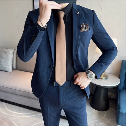 7XL 6XL(Jacket+Pant）Fashion Striped Men Slim Fit Suit Groom Wedding Tuxedo Formal Business Party Slim Fit Social Stage Costume