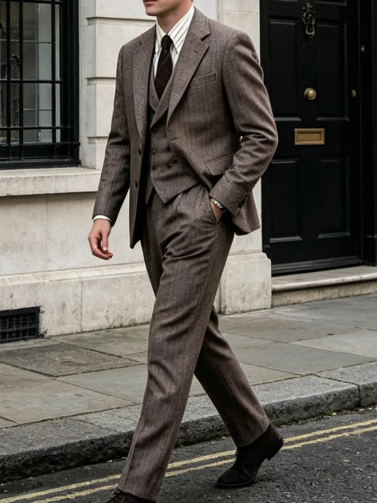 Men's Tweed Herringbone 3-Piece Suit – Slim Fit Wedding & Formal Wear